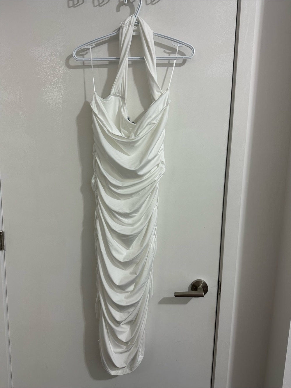 White Ruched Halter Midi Dress